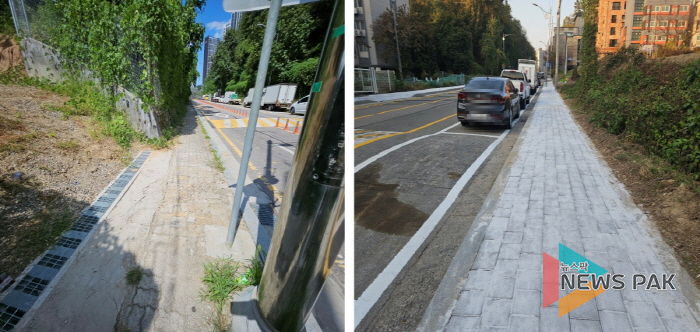 용인특례시 모현읍이 외대로 25번길 보행환경을 개선했다. 사진은 개선전(왼쪽)과 개선후(오른쪽) 모습