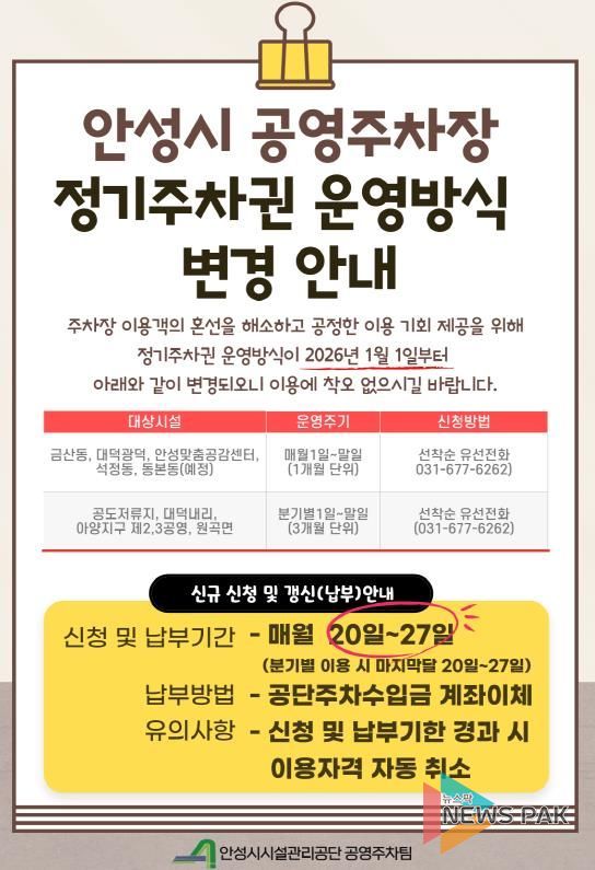 안성시 공영주차장, 정기주차권 ‘월 단위’ 도입 및 주차장별 맞춤 운영 개편