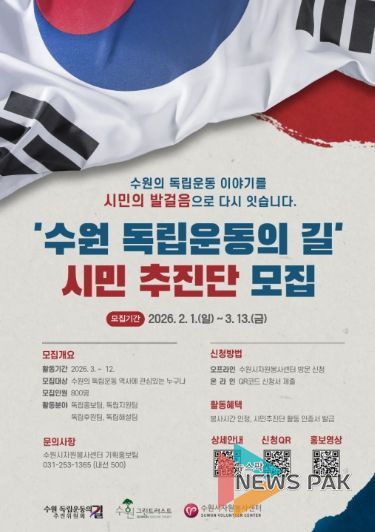 ‘수원 독립운동의 길 추진위원회’와 수원시자원봉사센터가 2일 시민추진단 공개 모집에 들어갔다. ‘수원 독립운동의 길’ 시민추진단 공개 모집 포스터.